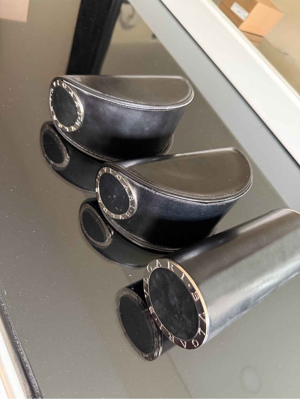 Bulgari Black Leather Sunglass Cases with Signature Metal Trim